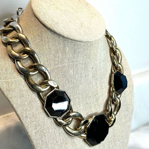 Zara Chunky Gold-tone Cuban Curb Chain With Black Stone Statement Necklace 19" - Picture 2 of 4